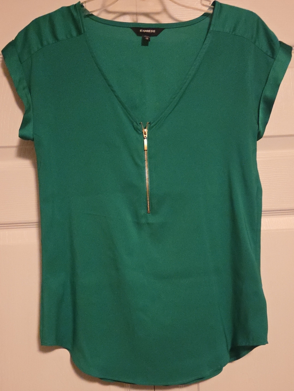 Express Green V-Neck Blouse with Gold Zip